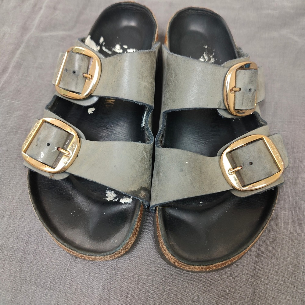 Birkenstock Arizona Big Buckle Sandals Women 39 US 8 Grey Leather Gold Hardware - Picture 4 of 11